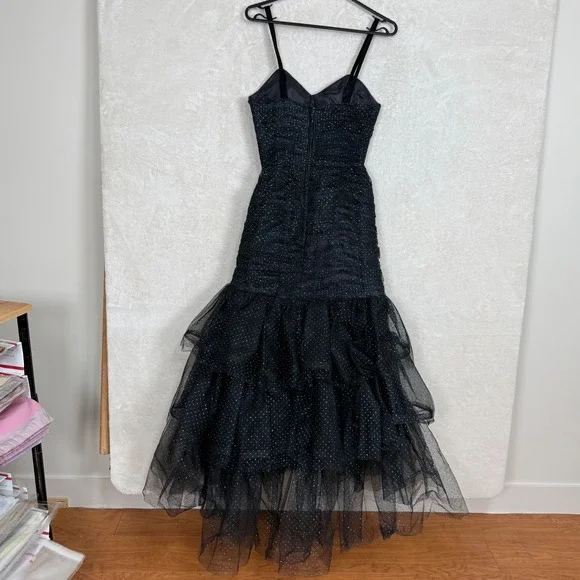 Victor Costa Black Glitter Polka Dot Ruched Tulle Ruffle Mermaid Gown Dress SZ 4 - Picture 3 of 13